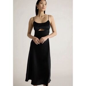 Quince Black Satin Midi Dress with Cutout